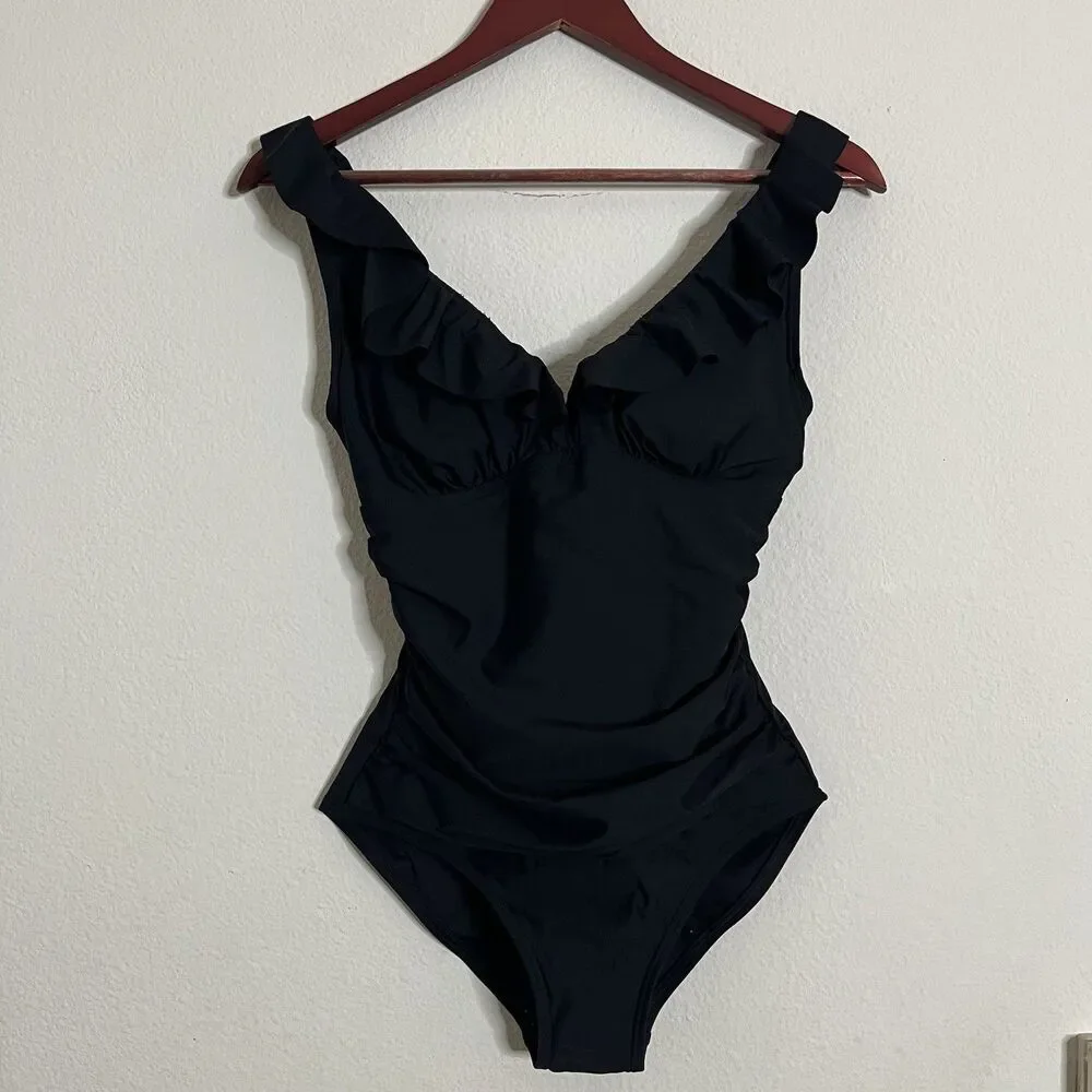 DKNY Small Ruffle Plunge Underwire Tummy Control Swimwear One-Piece Swimsuit